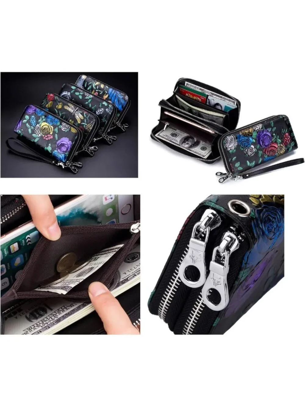 Floral Hand-Painted Leather Double Zipped Wallet Wristlet, RFID Blocking Clutch